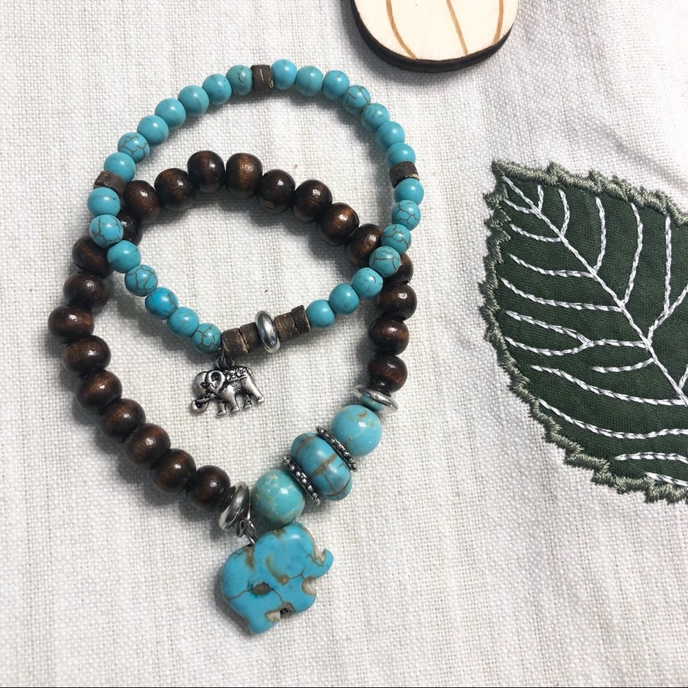Vintage Boho Blue Brown Elephant 🐘 Bracelets Set